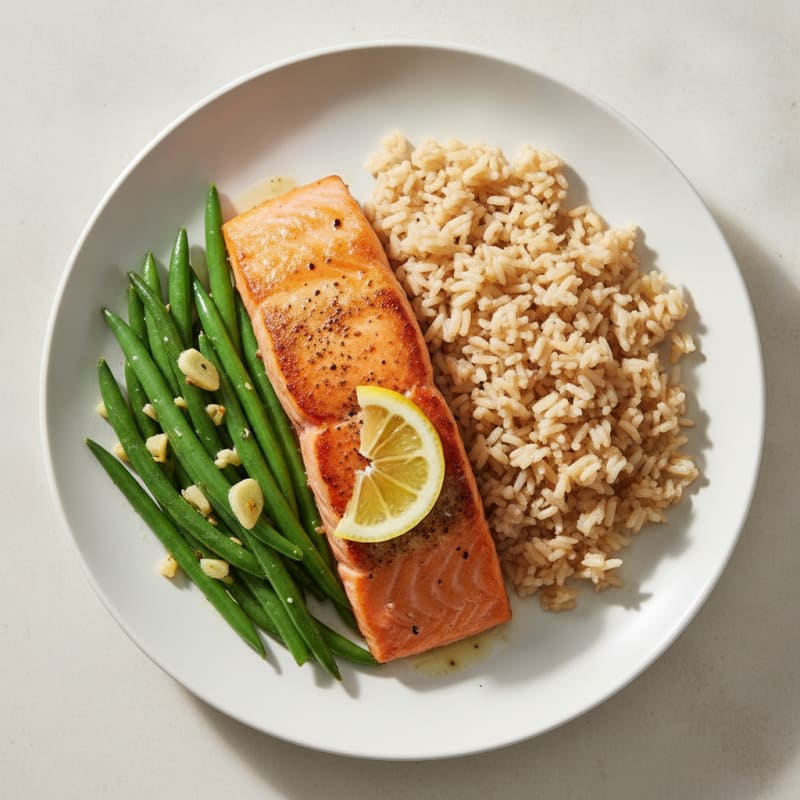 Seared Salmon with Garlic Green Beans and Brown Rice