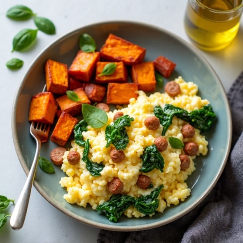 Egg White and Turkey Sausage Scramble with Spinach and Roasted Sweet Potatoes