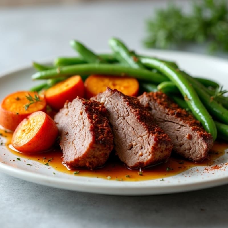 Smoky Brisket with Roasted Sweet Potatoes and Green Beans