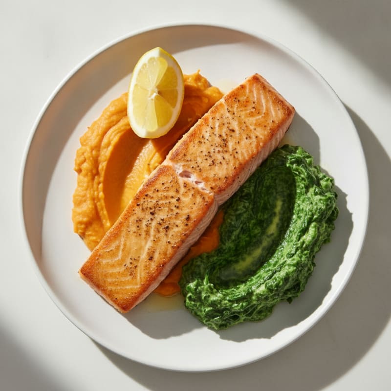 Seared Salmon with Creamy Garlic Spinach and Sweet Potato Mash