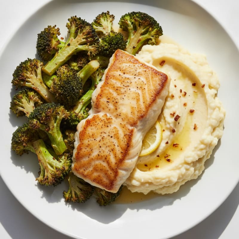 Seared Cod Fillet with Roasted Broccoli and Garlic Mashed Cauliflower