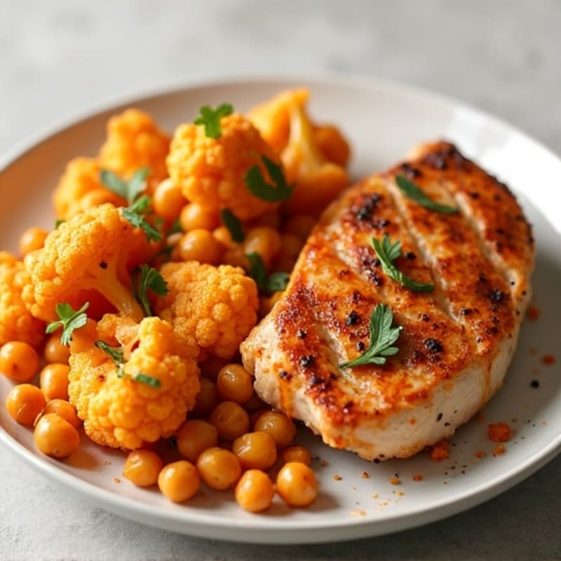 Crispy Buffalo Roasted Cauliflower with Grilled Chicken and Chickpeas
