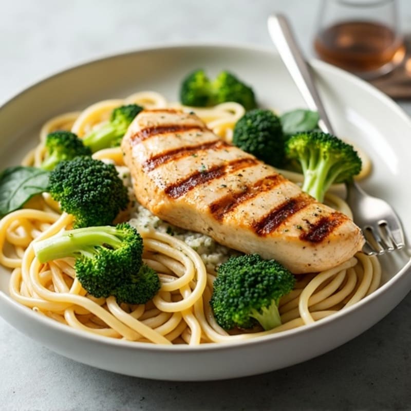 Lighter Creamy Chicken Linguine with Roasted Broccoli and Fresh Spinach