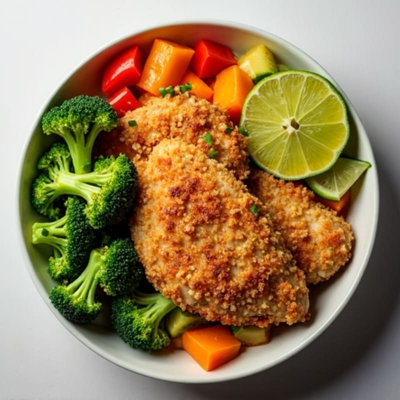 Crispy Chicken and Roasted Vegetable Bowl with Zesty Lime Dressing