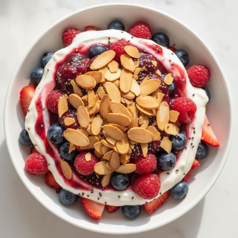 Greek Yogurt Protein Parfait with Mixed Berries and Almonds