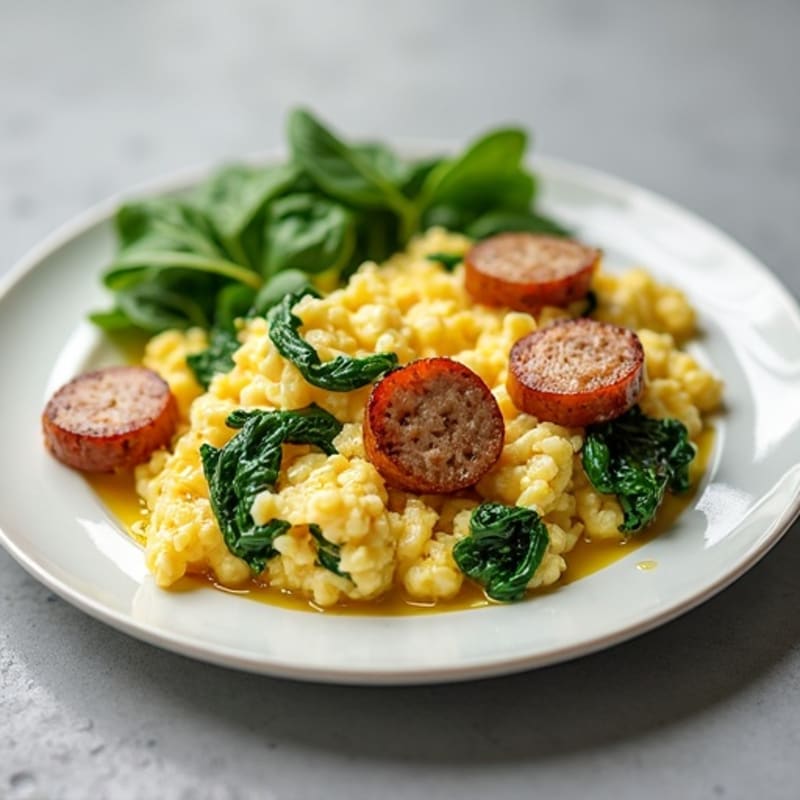 Egg White and Turkey Sausage Scramble with Sautéed Spinach