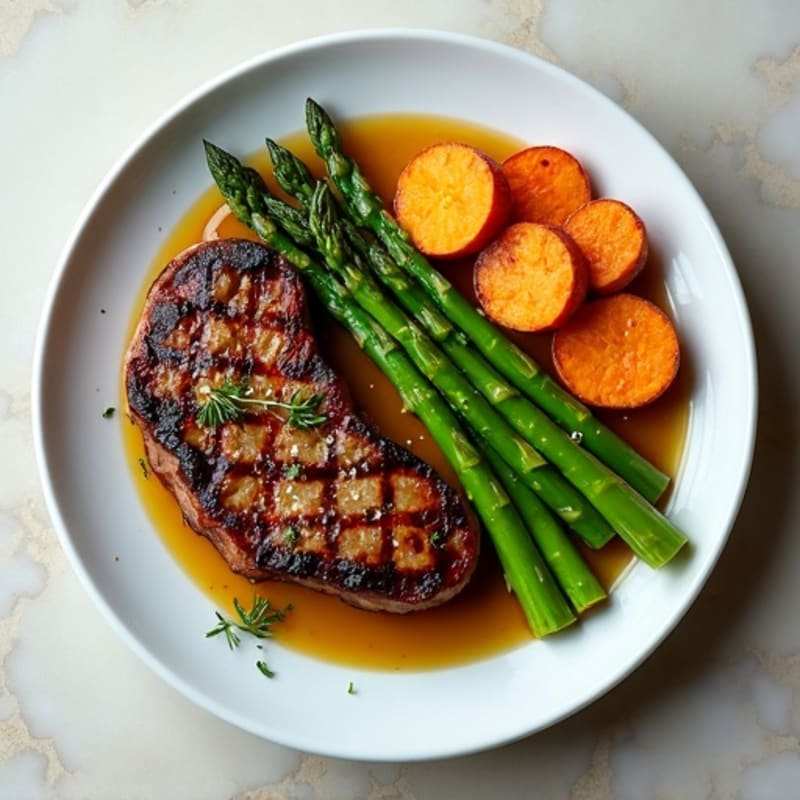 Garlic Herb Pan-Seared Steak with Roasted Asparagus and Sweet Potato