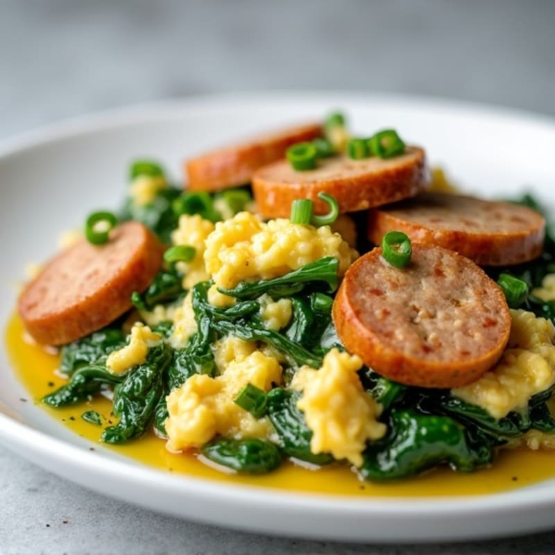 Egg White Scramble with Turkey Sausage and Sautéed Spinach