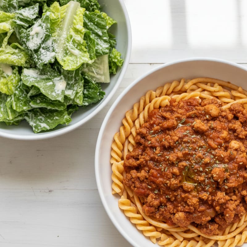 Turkey Bolognese with Chickpea Spaghetti and Caesar Salad