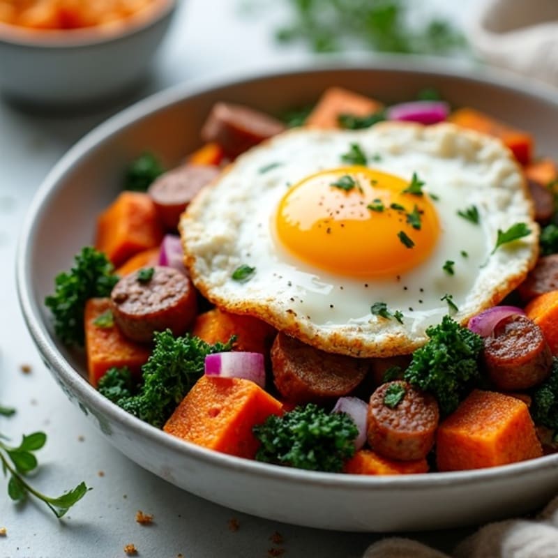 Sweet Potato Hash with Crispy Eggs and Sautéed Kale