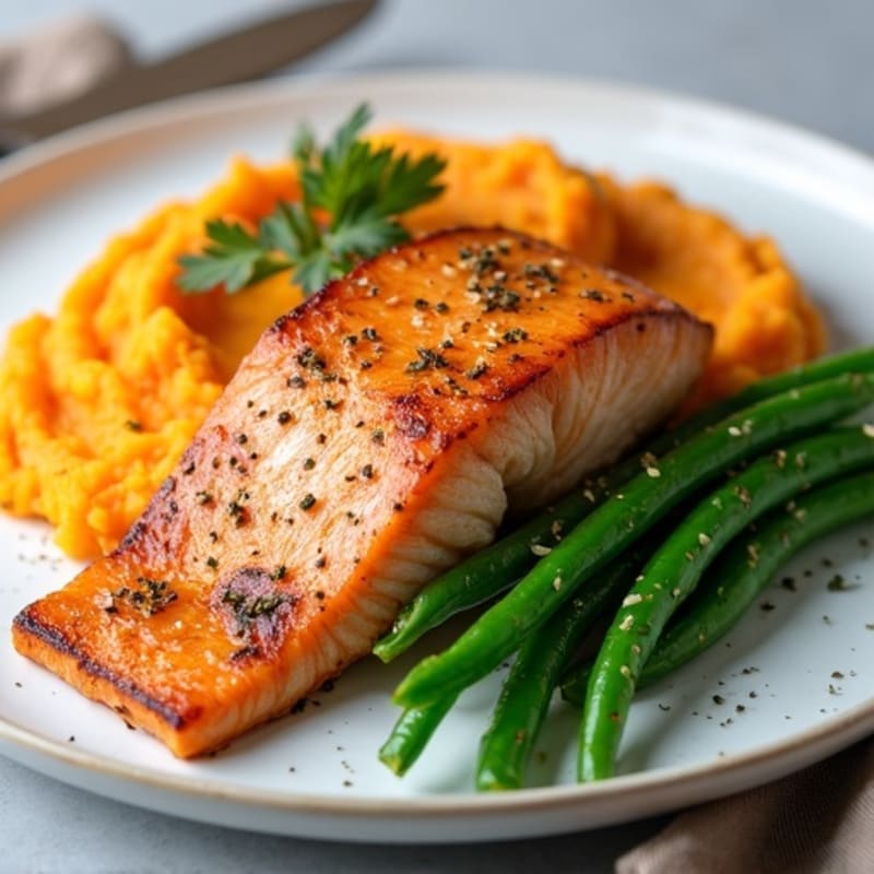 Seared Salmon with Garlic Green Beans and Sweet Potato Mash