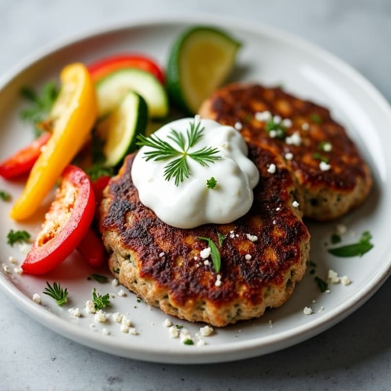 Seared Ground Beef Patties with Roasted Vegetables and Herbed Yogurt Sauce