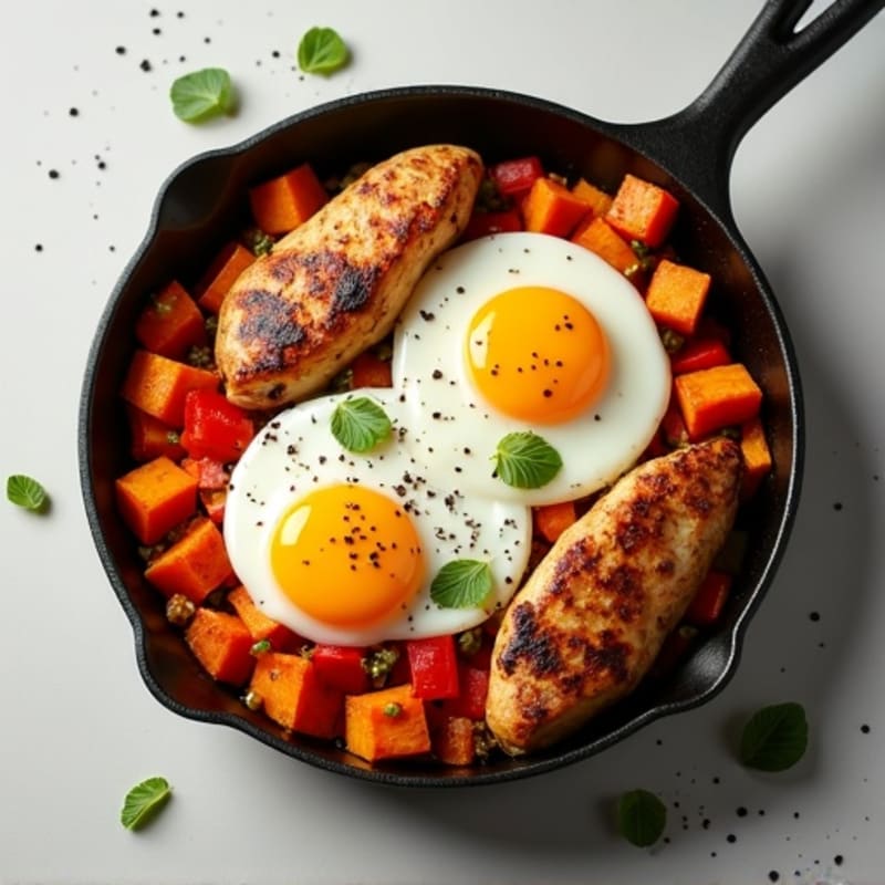 Skillet Chicken and Sweet Potato Hash with Red Pepper and Eggs