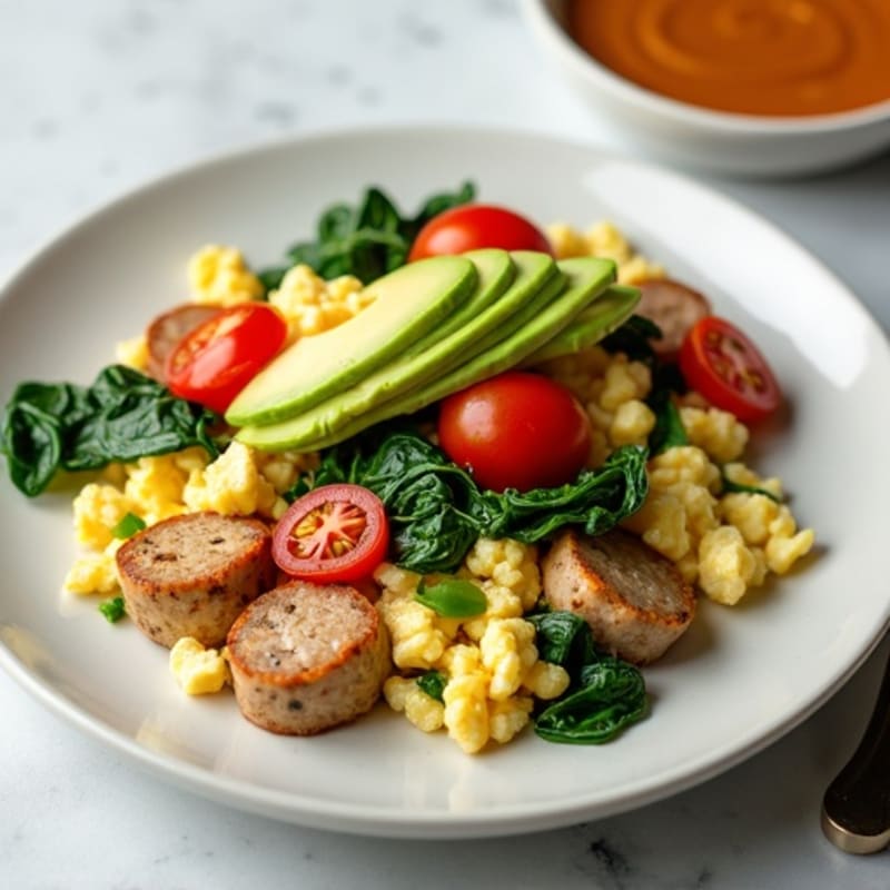 Egg White and Turkey Sausage Scramble with Spinach and Tomatoes