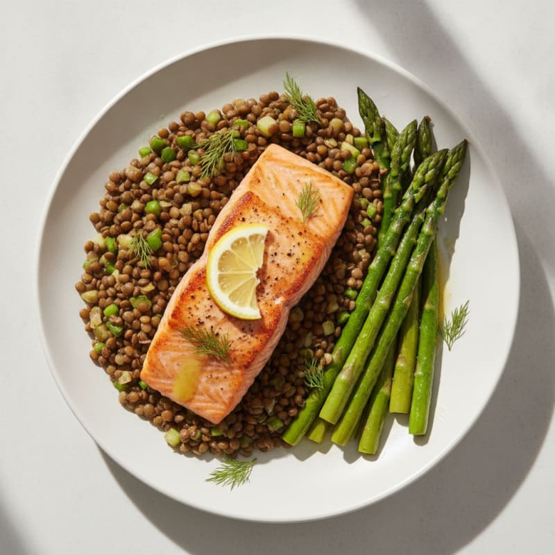 Seared Salmon Fillet with Roasted Asparagus and Lentil Salad