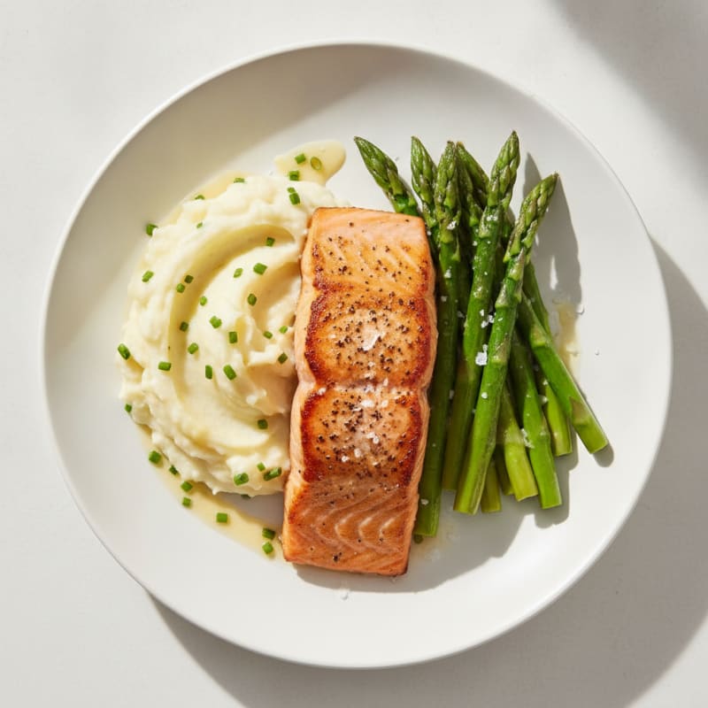 Seared Salmon Fillet with Steamed Asparagus and Garlic Mashed Potatoes