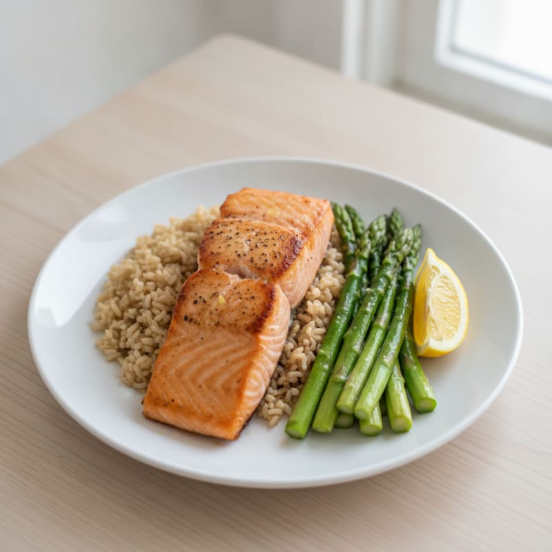 Seared Salmon Fillet with Steamed Asparagus and Brown Rice