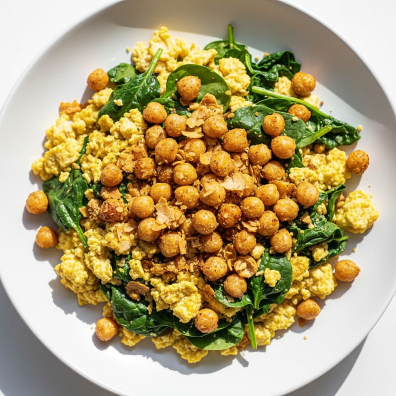 Silky Tofu and Spinach Scramble with Roasted Chickpeas