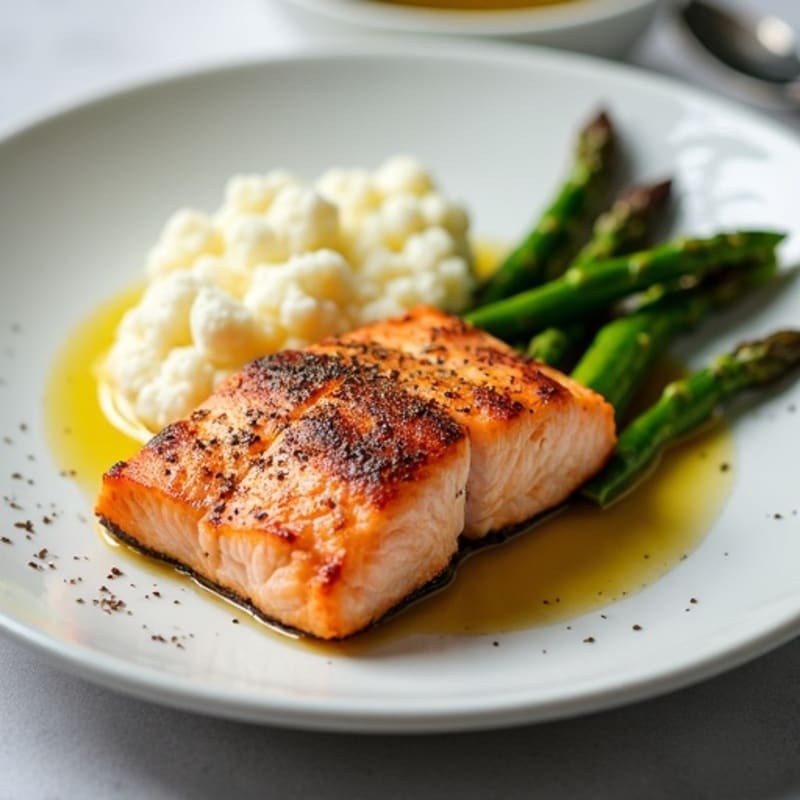 Seared Salmon with Steamed Asparagus and Cauliflower Mash