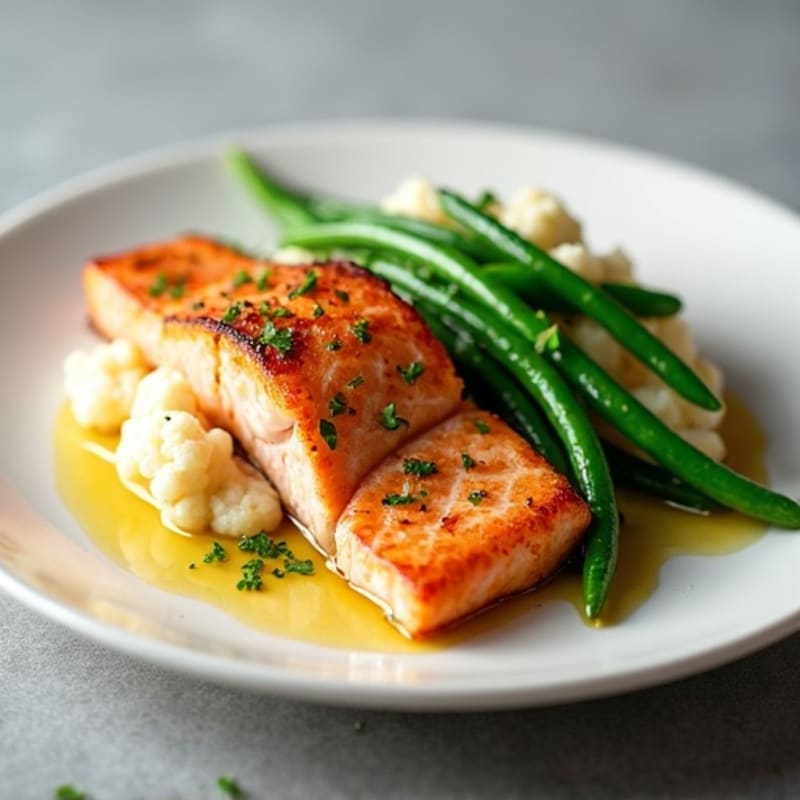 Seared Salmon with Steamed Green Beans and Garlic Mashed Cauliflower