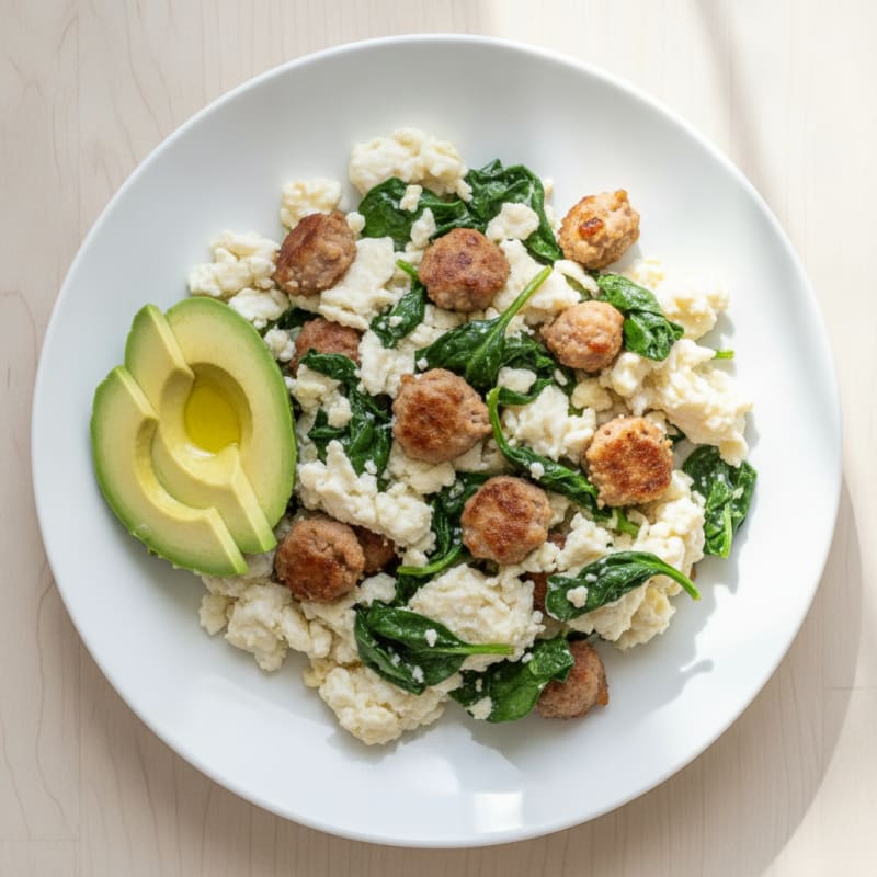 Egg White Scramble with Turkey Sausage and Spinach