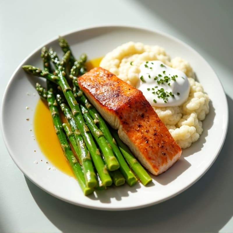 Seared Salmon with Steamed Asparagus and Cauliflower Mash