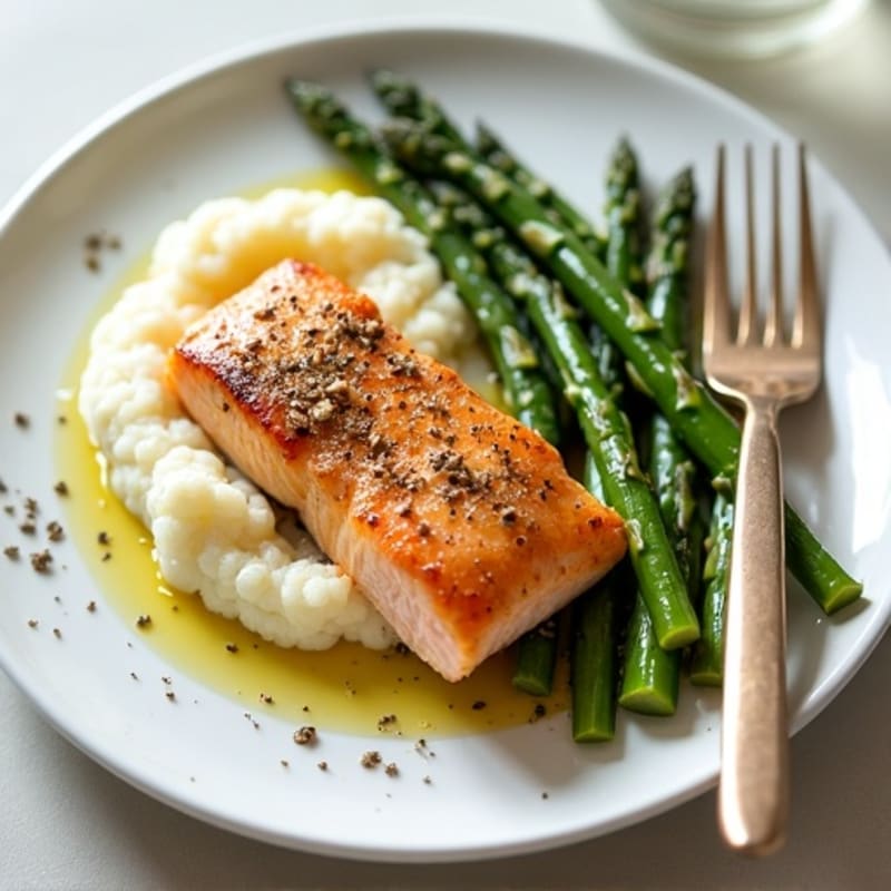 Seared Salmon with Roasted Asparagus and Cauliflower Mash