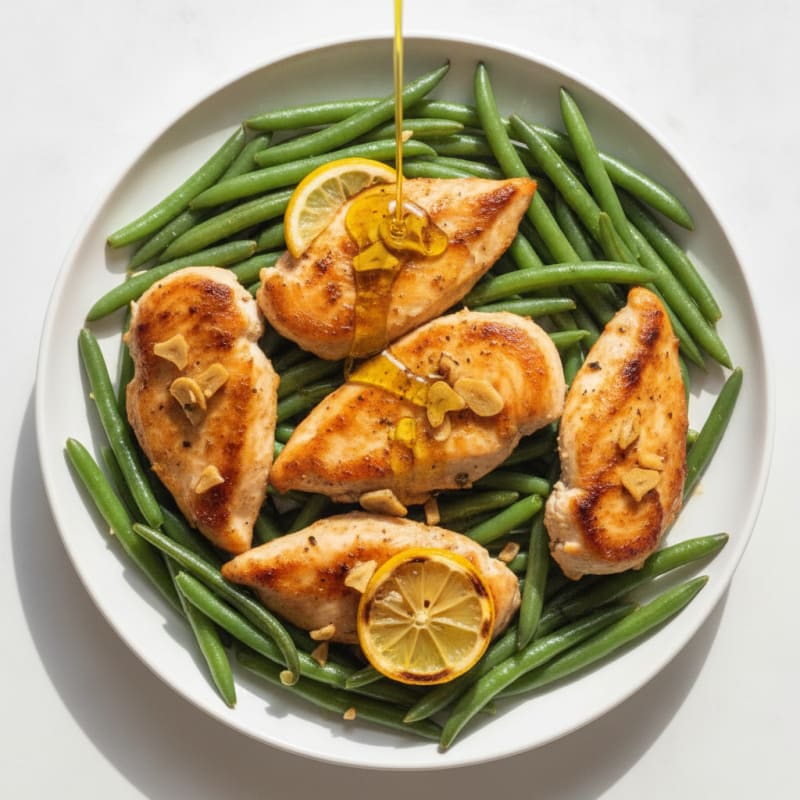 Lemon Garlic Pan Seared Chicken Breast with Steamed Green Beans