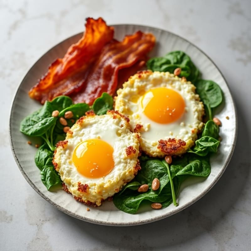 Egg White Spinach Scramble with Cottage Cheese and Grilled Turkey Bacon