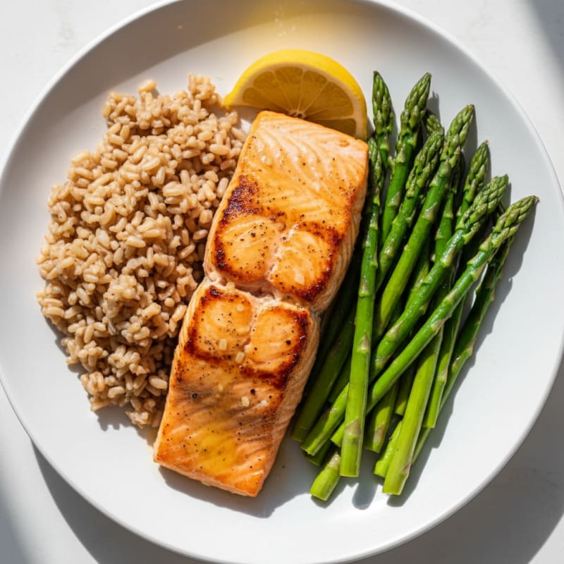 Seared Salmon Fillet with Steamed Asparagus and Brown Rice
