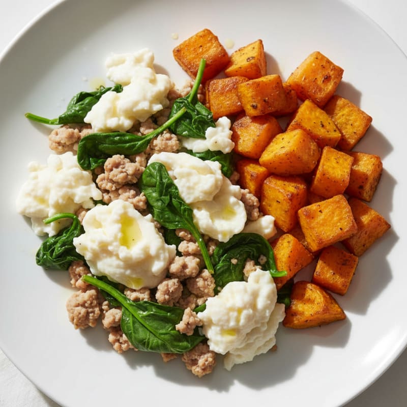 Egg White and Turkey Spinach Scramble with Roasted Sweet Potatoes