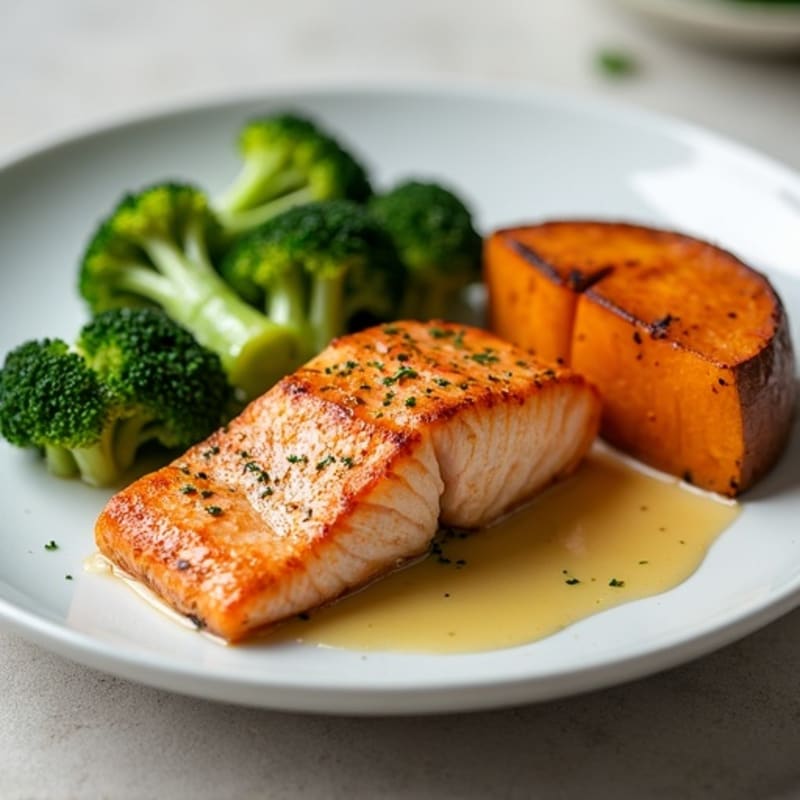 Seared Salmon with Steamed Broccoli and Roasted Sweet Potato