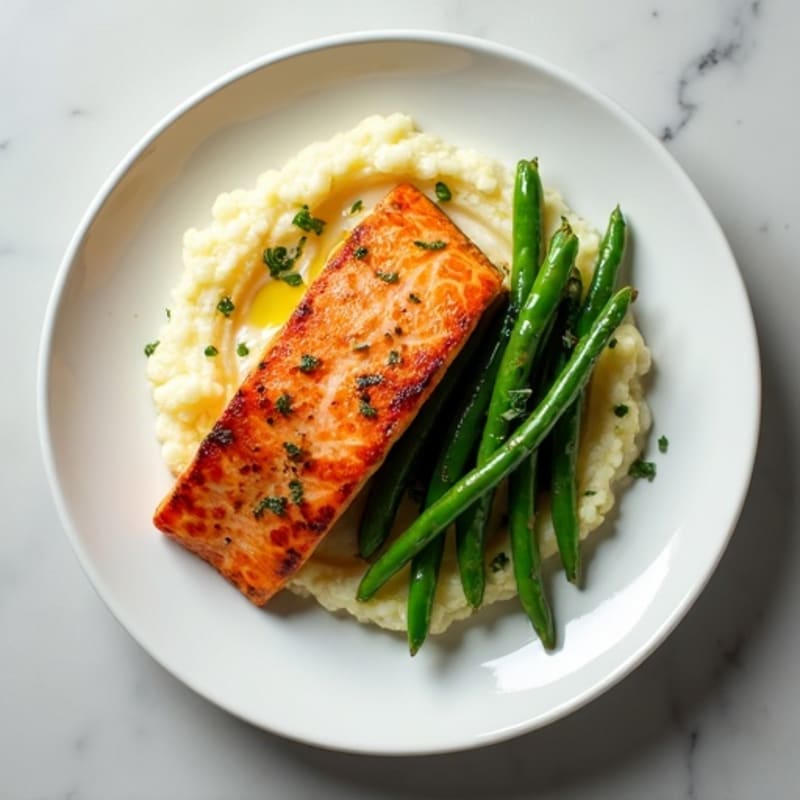 Seared Salmon with Garlic Green Beans and Cauliflower Mash