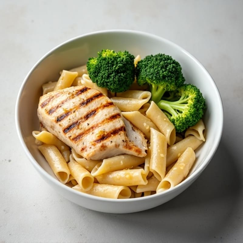 Healthy Creamy Chicken Alfredo Pasta with Roasted Broccoli