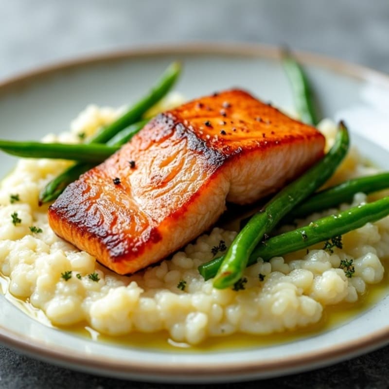 Seared Salmon with Steamed Green Beans and Garlic Cauliflower Mash
