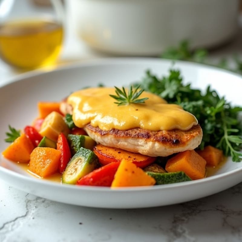 Creamy Chicken and Roasted Vegetable Bake with Sweet Potato Topping