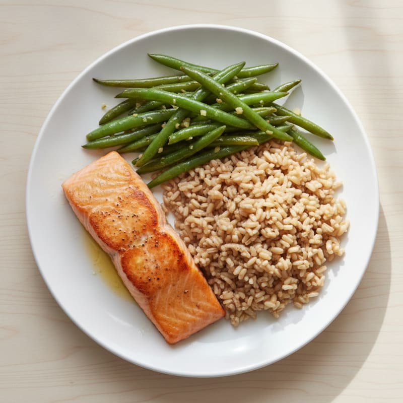 Seared Salmon with Garlic Green Beans and Brown Rice