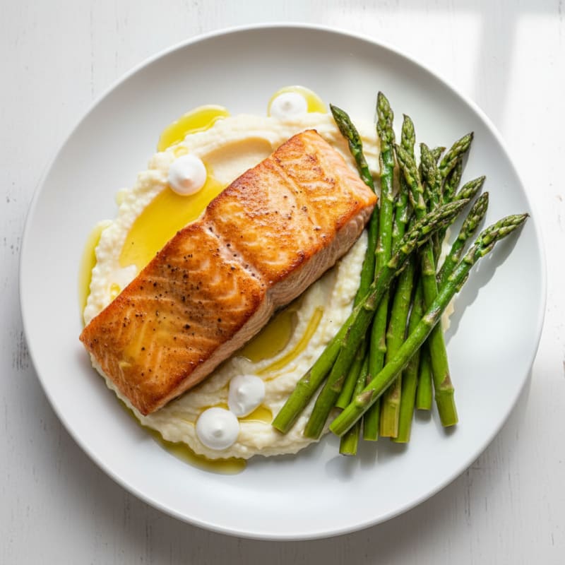 Seared Salmon Fillet with Roasted Asparagus and Cauliflower Mash