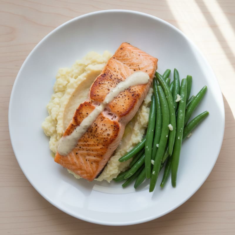 Seared Salmon with Steamed Green Beans and Garlic Cauliflower Mash