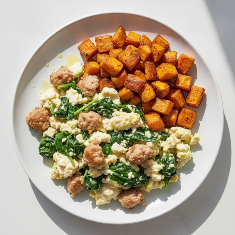 Chicken Sausage and Egg White Scramble with Spinach