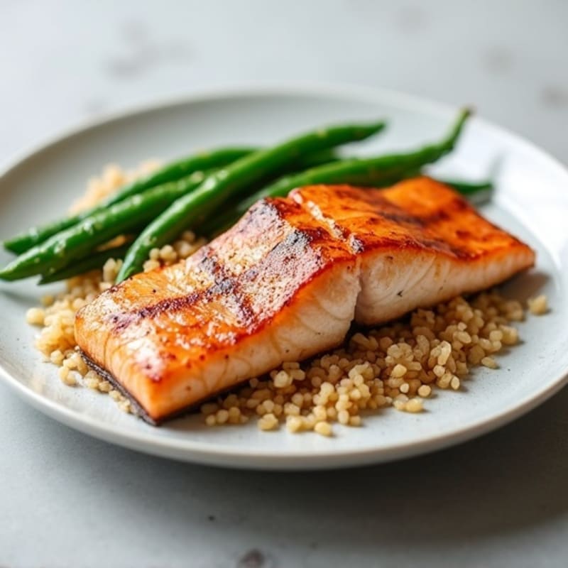 Seared Salmon Fillet with Steamed Green Beans and Brown Rice