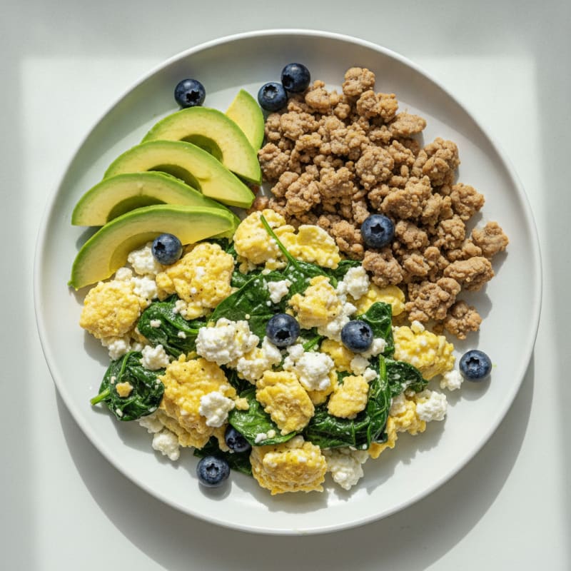 Cottage Cheese and Spinach Egg Scramble with Sautéed Turkey