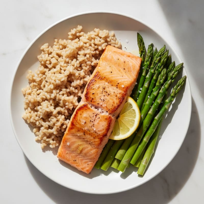 Seared Salmon with Steamed Asparagus and Brown Rice