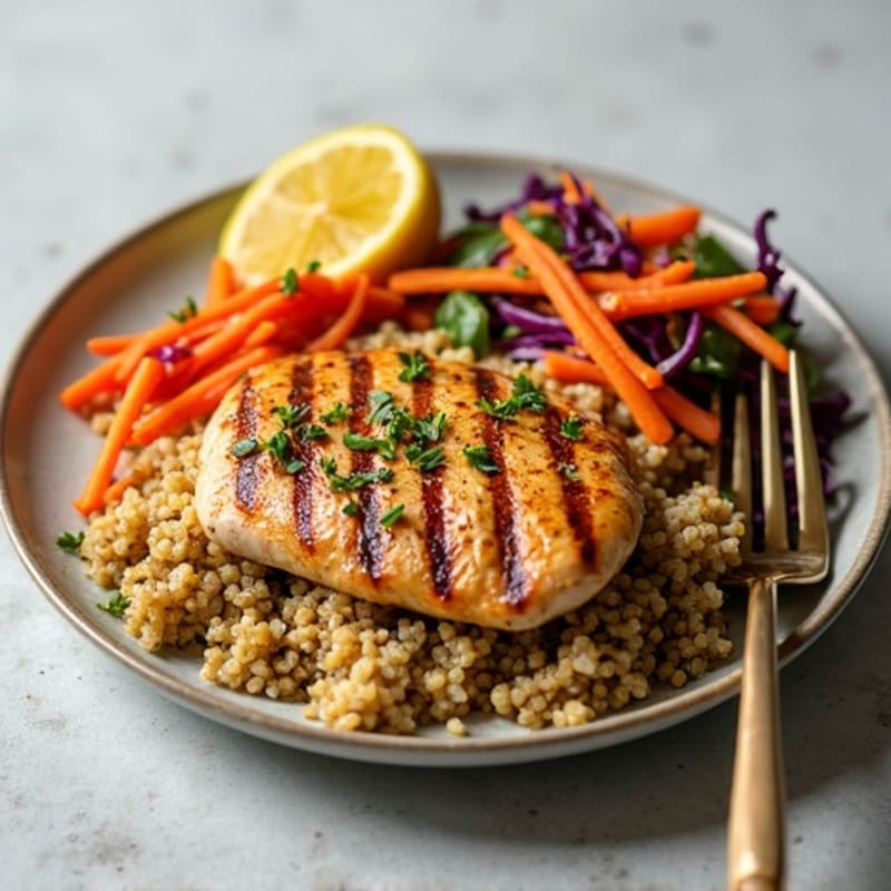 Grilled Chicken Breast with Crunchy Cabbage Slaw and Quinoa