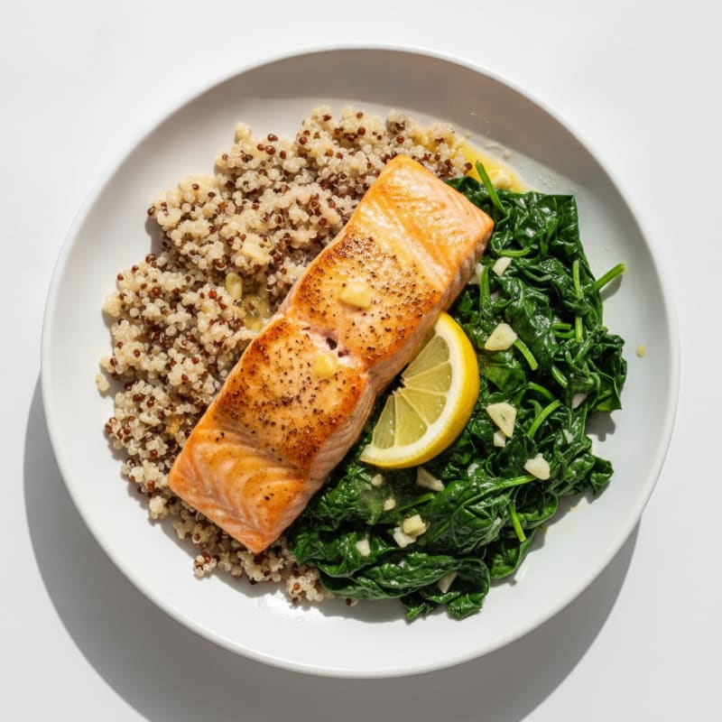 Seared Salmon with Quinoa and Garlic Sautéed Spinach