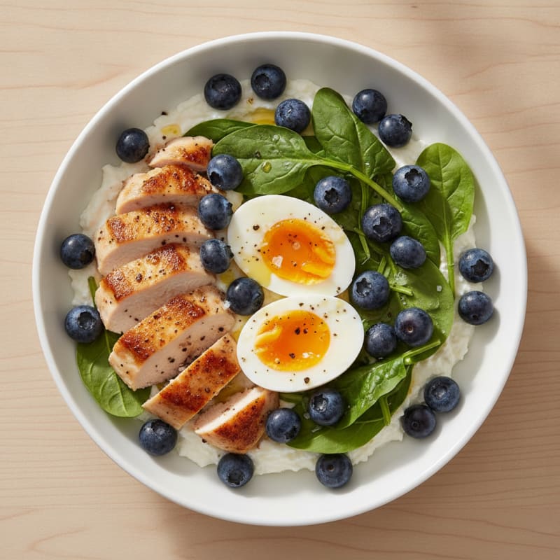 Chicken and Egg Power Bowl with Blueberries