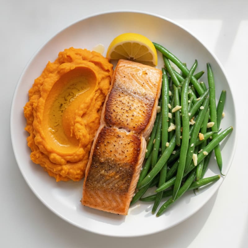 Seared Salmon with Garlic Green Beans and Sweet Potato Mash