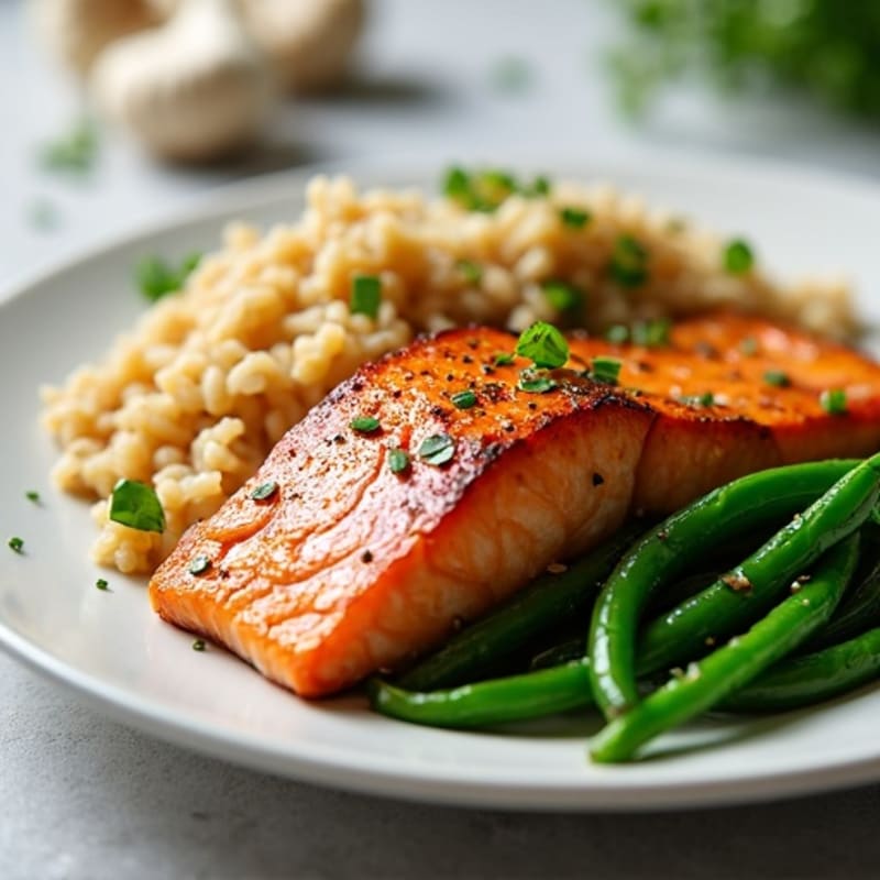 Seared Salmon with Garlic Green Beans and Brown Rice