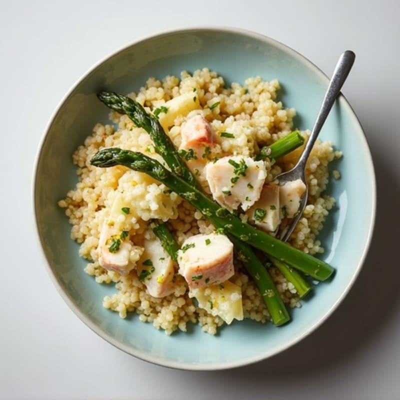 Warm Creamy Crab and Artichoke with Roasted Asparagus and Quinoa