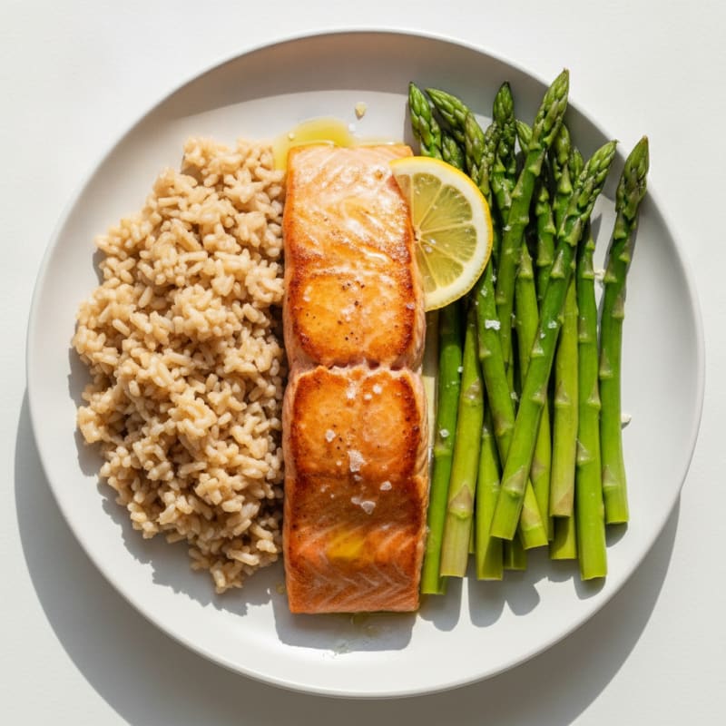 Seared Salmon with Steamed Asparagus and Brown Rice